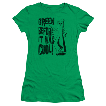 Kelly green juniors t-shirt with Gumby Cool Green graphic