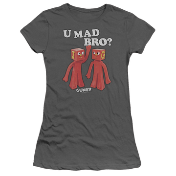 Charcoal juniors t-shirt with Gumby U Mad Bro graphic
