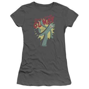 Charcoal juniors t-shirt with Gumby Bendable graphic