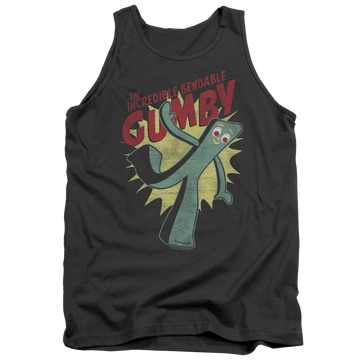 Charcoal men's tank with Gumby Bendable graphic