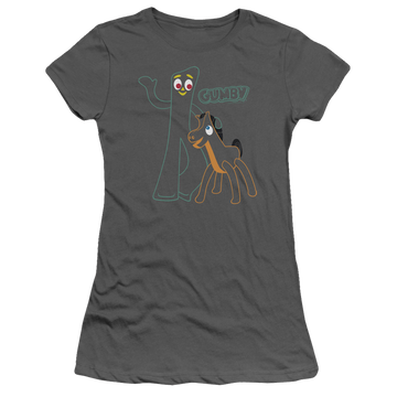 Charcoal juniors t-shirt with Gumby Outlines graphic