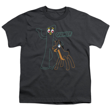 Charcoal youth t-shirt for ages 8 to 12 with Gumby Outlines graphic