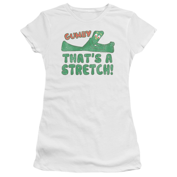 White juniors t-shirt with Gumby That's A Stretch graphic
