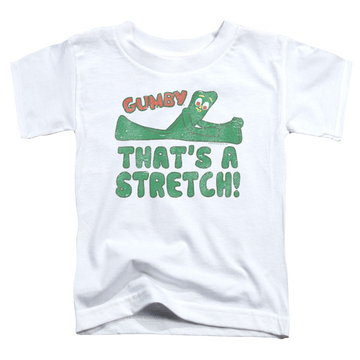 White toddler t-shirt with Gumby That's A Stretch graphic