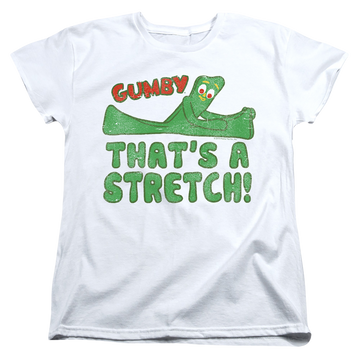 White women's t-shirt with Gumby That's A Stretch graphic