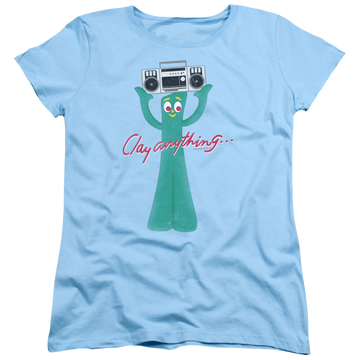 Light blue women's t-shirt with Gumby Clay Anything graphic
