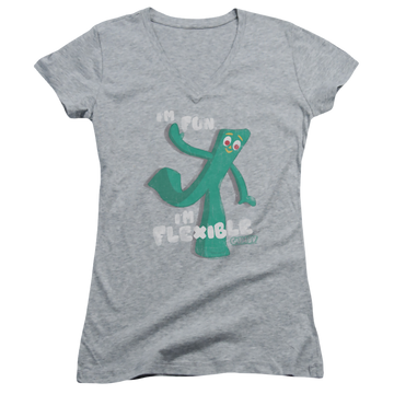 Athletic heather juniors v-neck t-shirt with Gumby Flex graphic