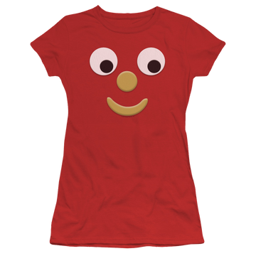 Red juniors t-shirt with Gumby Blockhead J graphic