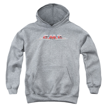 Athletic heather youth hoodie for ages 8 to 12 with GMC Chrome Logo graphic