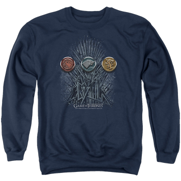 Navy men's crewneck sweatshirt with Game of Thrones For The Throne Sigils graphic