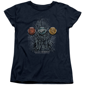 Navy women's t-shirt with Game of Thrones For The Throne Sigils graphic