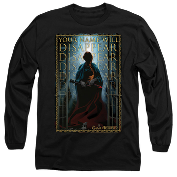 Black men's long sleeve t-shirt with Game of Thrones Your Name Will Disappear graphic