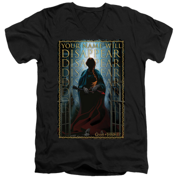 Black men's v-neck t-shirt with Game of Thrones Your Name Will Disappear graphic