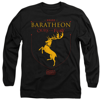 Black men's long sleeve t-shirt with Game of Thrones House Baratheon Sigil graphic