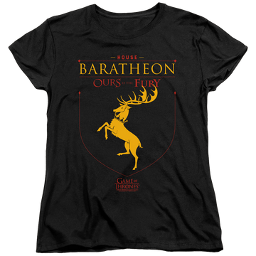 Black women's t-shirt with Game of Thrones House Baratheon Sigil graphic