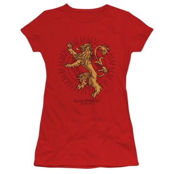 Red juniors t-shirt with Game of Thrones Lannister Burst Sigil graphic
