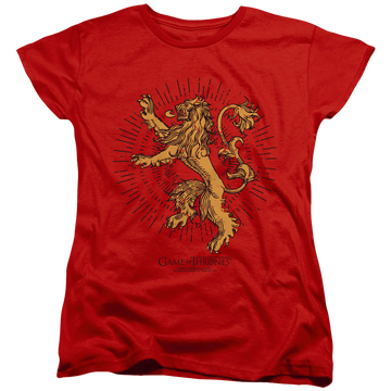 Red women's t-shirt with Game of Thrones Lannister Burst Sigil graphic