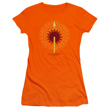 Orange juniors t-shirt with Game of Thrones Martell Burst Sigil graphic