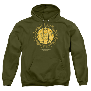 Military green pullover hoodie with Game of Thrones Tyrell Burst Logo graphic
