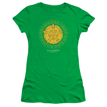 Kelly green juniors t-shirt with Game of Thrones Tyrell Burst Logo graphic