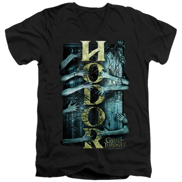Black men's v-neck t-shirt with Game of Thrones Hodor graphic