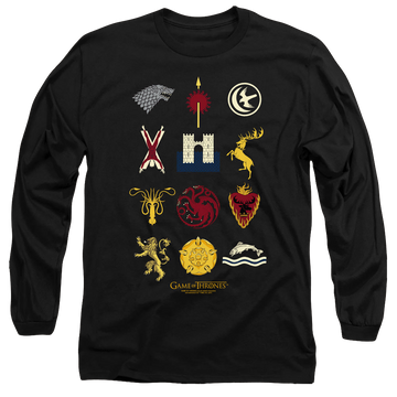Black men's long sleeve t-shirt with Game of Thrones House Sigils graphic