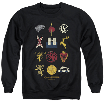 Black men's crewneck sweatshirt with Game of Thrones House Sigils graphic