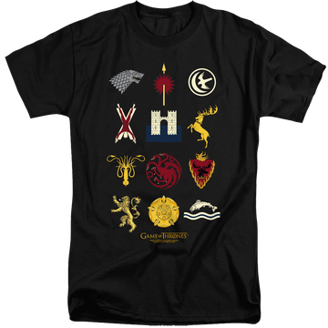 Black men's tall fit t-shirt with Game of Thrones House Sigils graphic