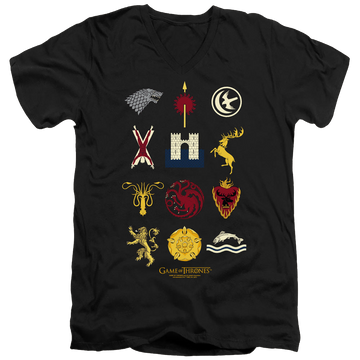 Black men's v-neck t-shirt with Game of Thrones House Sigils graphic