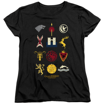 Black women's t-shirt with Game of Thrones House Sigils graphic