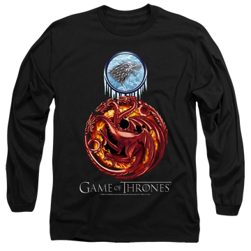 Black men's long sleeve t-shirt with Game of Thrones Combined Targaryn And Stark graphic
