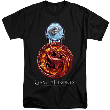 Black men's tall fit t-shirt with Game of Thrones Combined Targaryn And Stark graphic