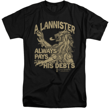 Black men's tall fit t-shirt with Game of Thrones Debts graphic