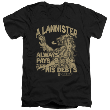 Black men's v-neck t-shirt with Game of Thrones Debts graphic