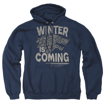 Navy pullover hoodie with Game of Thrones Winter Is Coming graphic