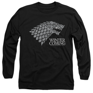 Black men's long sleeve t-shirt with Game of Thrones Stark Winter Is Coming On Black graphic