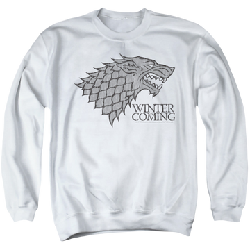 White men's crewneck sweatshirt with Game of Thrones Stark Winter Is Coming On White graphic