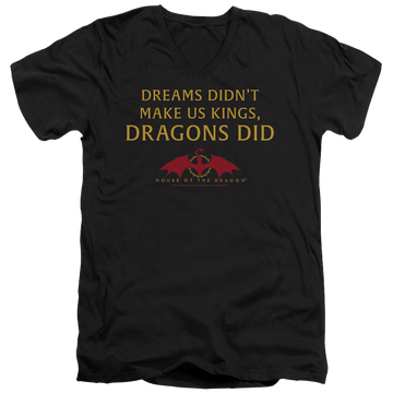 Black men's v-neck t-shirt with House of the Dragon Not Dreams graphic
