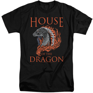 Black men's tall fit t-shirt with House of the Dragon Hod Dragon Illustration graphic