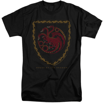 Black men's tall fit t-shirt with House of the Dragon Dragon Shield Vintage Dark graphic
