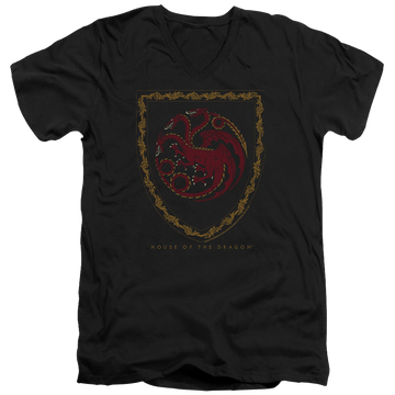 Black men's v-neck t-shirt with House of the Dragon Dragon Shield Vintage Dark graphic