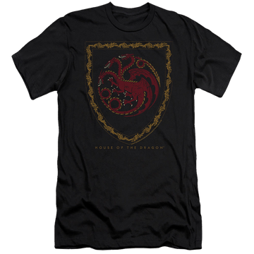 Black men's premium slim fit t-shirt with House of the Dragon Dragon Shield Vintage Dark graphic