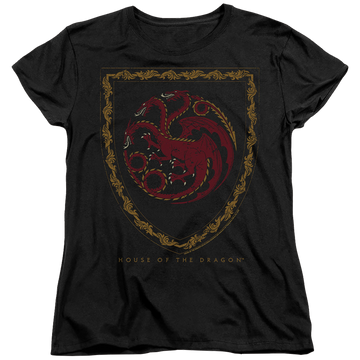 Black women's t-shirt with House of the Dragon Dragon Shield Vintage Dark graphic