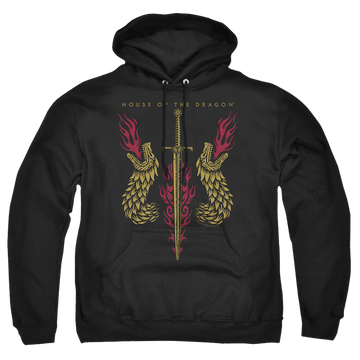 Black pullover hoodie with House of the Dragon Sword And Dragon Heads graphic