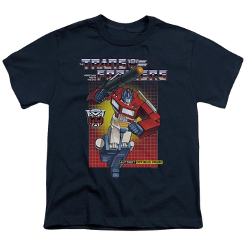Navy youth t-shirt for ages 8 to 12 with Transformers Optimus Prime graphic