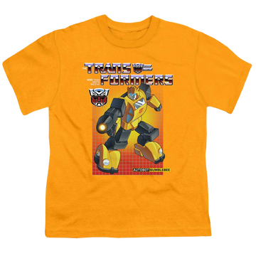Gold youth t-shirt for ages 8 to 12 with Transformers Bumblebee graphic