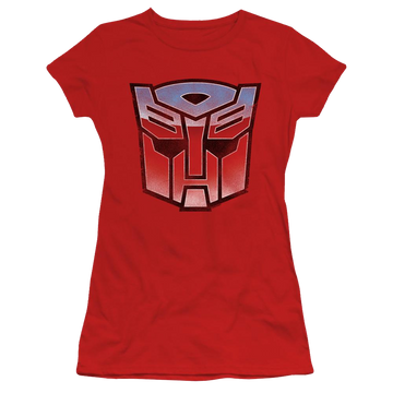 Red juniors t-shirt with Transformers Vintage Autobot Logo graphic