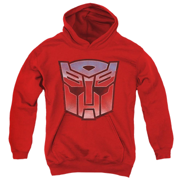 Red youth hoodie for ages 8 to 12 with Transformers Vintage Autobot Logo graphic