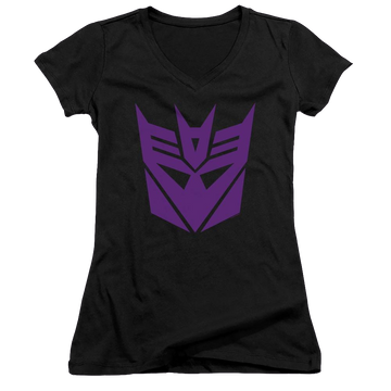 Black juniors v-neck t-shirt with Transformers Decepticon graphic