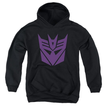 Black youth hoodie for ages 8 to 12 with Transformers Decepticon graphic